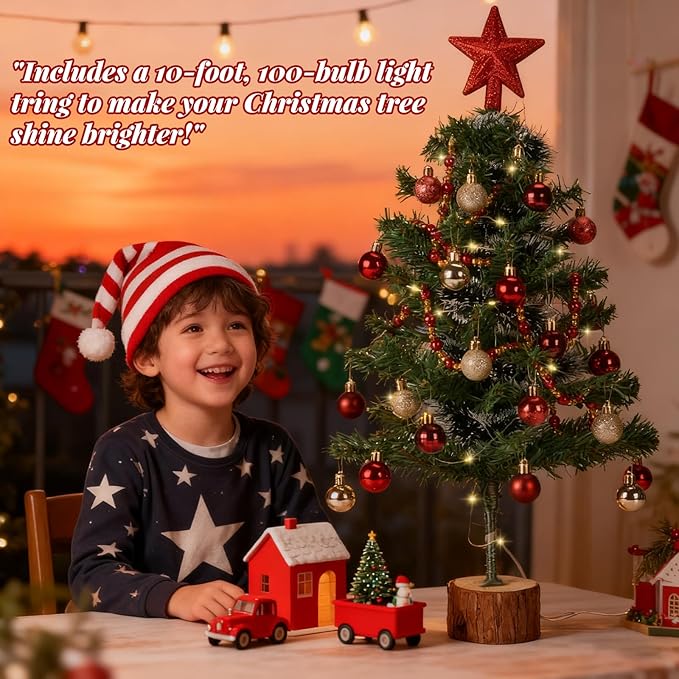 Christmas Tree, Tabletop Christmas Tree with Lights, Christmas Decoration MIni Xmas Trees Artificial Desktop Trees Wood Base Small Christmas Trees (2FT, Remote Control)