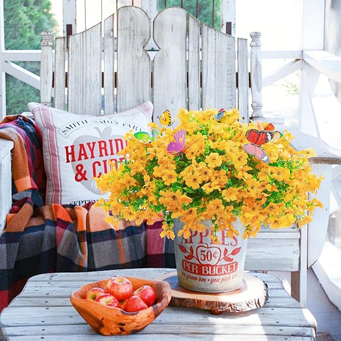 20 Bundles Artificial Flowers for Outdoors with 6 Faux Butterflies, UV Resistant Fake Flowers with Eucalyptus Leaves, Artificial Plants Outdoor for Patio Garden Porch Home Decor (Yellow)