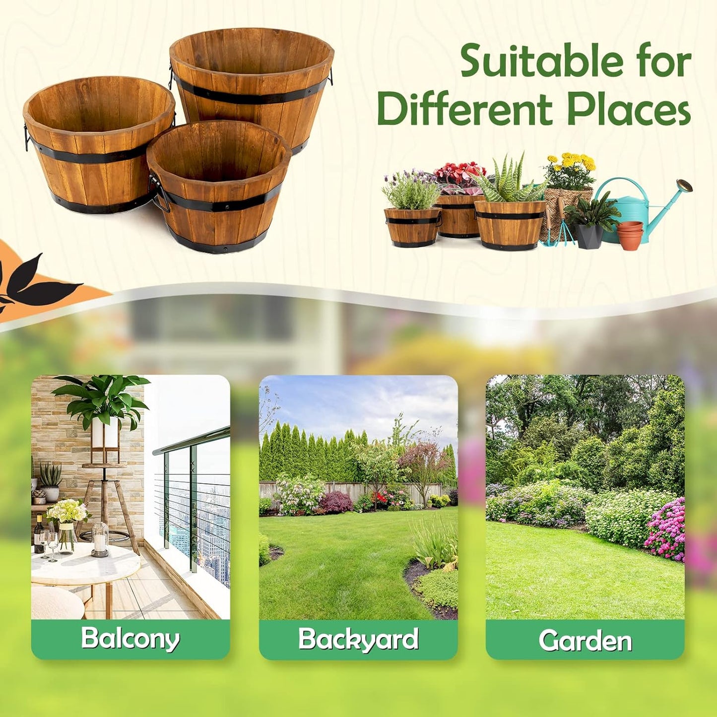 IDZO Set of 3 Wooden Flower Boxes Outdoor, Durable Acacia Wood Barrel Planters for Outdoor Plants with Ergonomic Handles, Drainage Holes, Multiple Sizes Wood Bucket Planter Light Brown