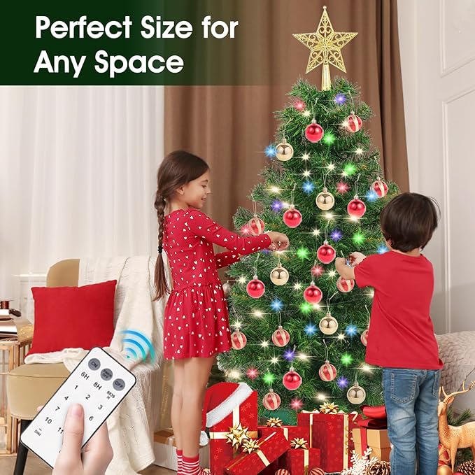 3Ft Christmas Tree with Lights, Table Christmas Tree with 50 LED 12 Modes, 3D Star, 15 Hanging Ball Ornaments, Small Prelit Xmas Tree for Tabletop, Home and Office (Green)