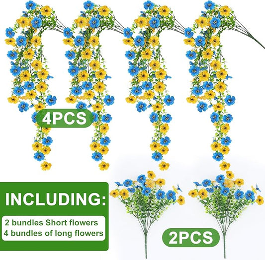 Artificial Flowers for Outdoors 6PCS,All Weather Fade Proof, UV Resistant Waterproof Realistic Faux Silk Mums Daisies Blue & Yellow for Hanging Planters Porch Patio Balcony Deck Fence Garden Decor