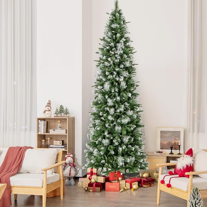 GOFLAME 9 FT Pre-Lit Pencil Christmas Tree Snow Flocked, Slim Artificial Xmas Tree with 1228 Branch Tips, 470 Warm White LED Lights, Holiday Decoration Tree for Home Party Office