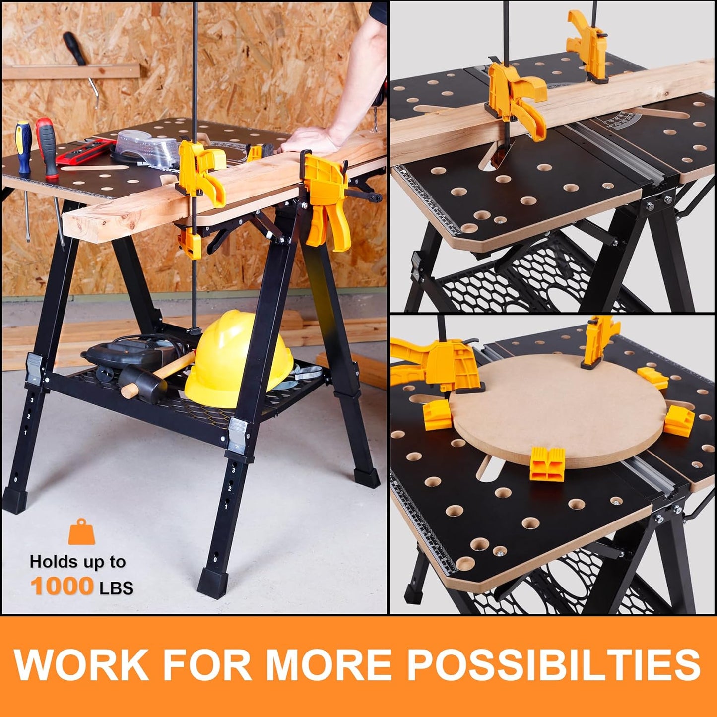 Portable Workbench & Sawhorse, 1000Lbs Capacity Heavy Duty Folding Work Table, 23.6"-36" Adjustable Height with 2 Quick Clamps, 4 Bench Dogs, 2 x 4 Support Arms for Garage