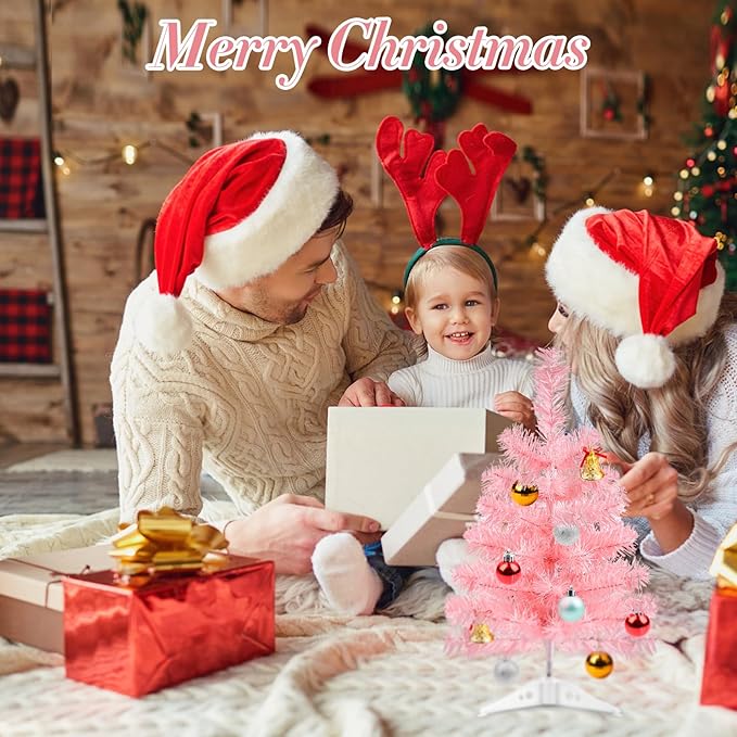 17.7Inch Artificial Christmas Tree Pink Tabletop Christmas Tree with Plastic Stand Mini Xmas Pine Tree for Indoor Outdoor Holiday Home Decoration