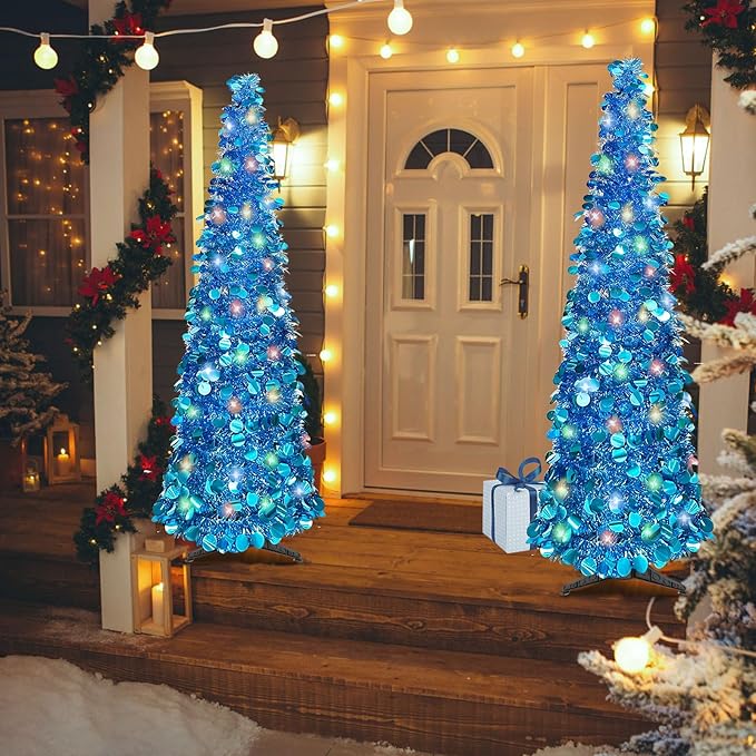 5 FT Pencil Christmas Tree, Collapsible Artificial Sequin Pop Up Christmas Tree, Skinny Pencil Tinsel Christmas Trees, Xmas Tree for Home Apartment Basement Fireplace (Pure Blue)