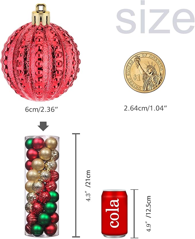 45Pcs 6cm/2.36inch Christmas Balls Glitter Ornaments Set, Shatterproof Plastic Xmas Tree Hanging Ornament, Christmas Decorations Balls for Holiday Festival Wedding House Bar Party(Red/Gold/Green)