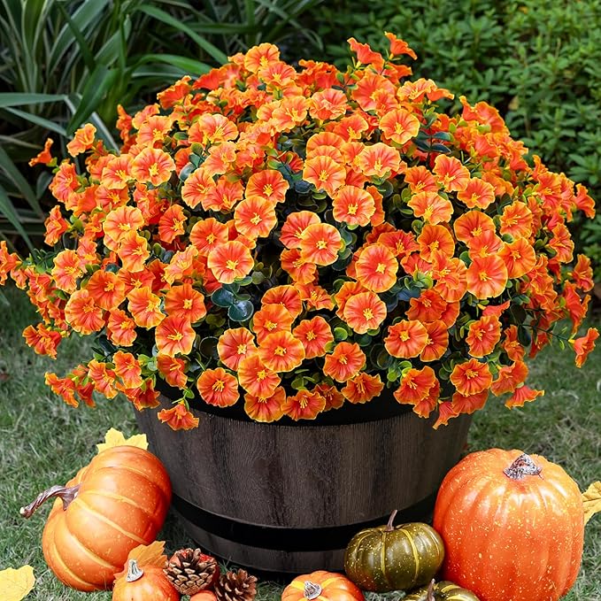 Artificial Faux Flowers for Outdoor 16 Bundles Boxwood Fake Morning Glory for Planter,UV Resistant Fake Flowers for Home Porch Patio Outside(Orange)