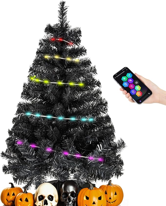 Black 3ft Christmas Tree with Lights, Small 36inch Artificial Tree Mini Table Top Decorations, Xmas Desk Tree with 80 Colored Lights, 200 Branch, Holiday Decor for Home,Indoor Office Tabletop