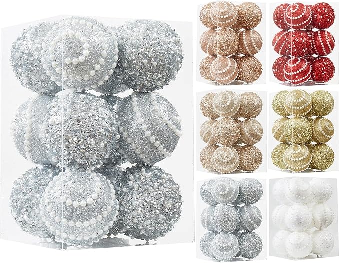 Silver Christmas Ball Ornaments,12ct Christmas Tree Shatterproof Plastic Hanging Sequin Xmas Balls for Festivals Holiday Party Decorations(70mm/2.76")