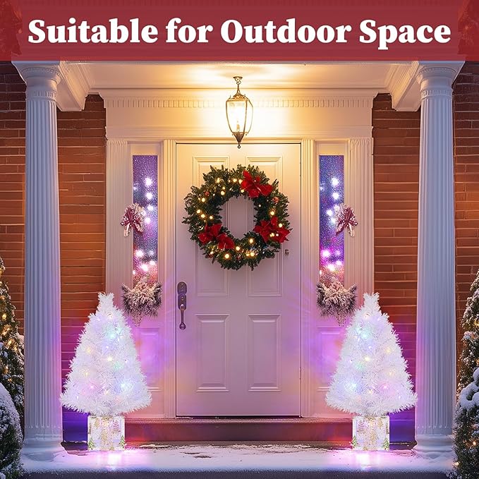 Brightever 2FT Small Christmas Tree, Prelit Mini Christmas Tree with 50 Multi-Color LED Lights, Gold Gift Box Base, Battery Operated Little Xmas Tree for Table Top, White