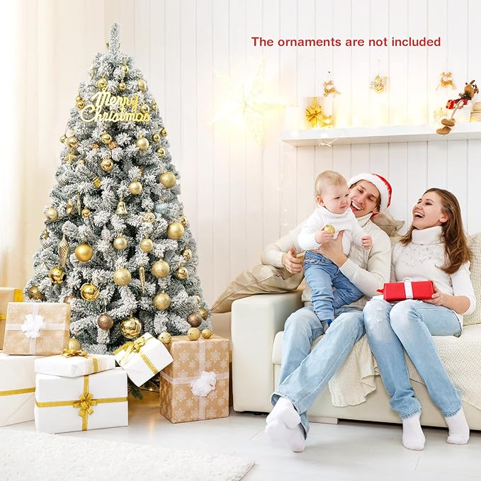 COSTWAY 6 FT Snow Flocked Christmas Tree, Artificial Holiday Hinged Pine Tree with 600 Branch Tips, Solid Metal Stand, Premium Xmas Full Fake Tree for Home, Office, Party Decoration