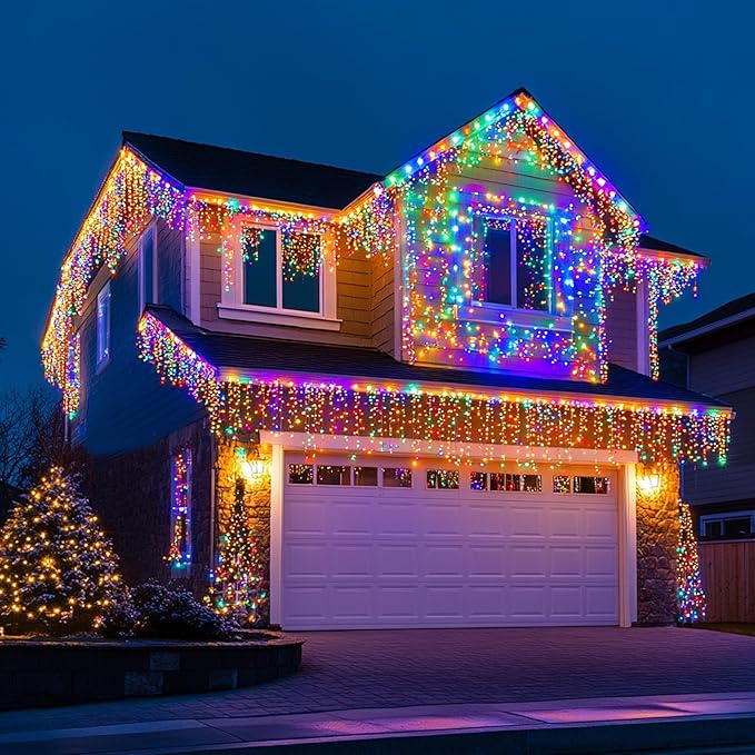 Dazzle Bright Christmas Icicle Lights, 88.5 FT 1080 LED 8 Modes Curtain Fairy Lights with 180 Drops, Xmas String Lights for Outdoor Holiday Wedding Party Decorations (Multi-Colored)