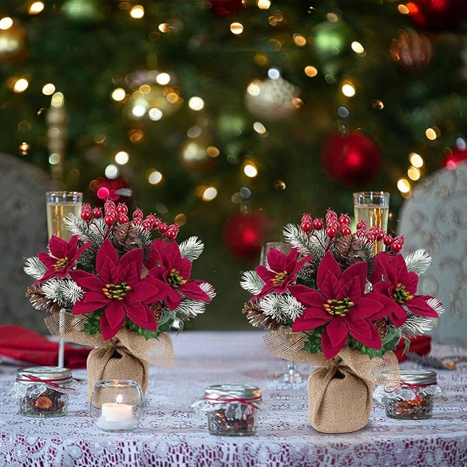 HUAESIN 2PCS Artificial Poinsettias Potted 11" Christmas Plants Fake Mini Christmas Tree with Berries Pinecone Table Centerpieces Indoor Xmas Decorations for Tables Kitchen Office Desk Home