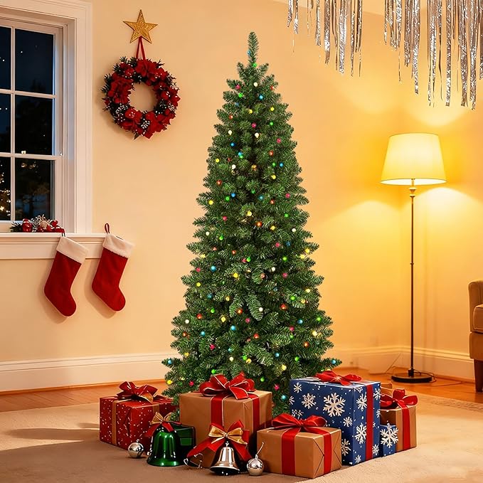 6FT Christmas Tree LED Bulbs Pre-Lit, Premium Artificial Christmas Tree with Lights, Decorated Xmas Tree with Tripod Stands for Indoor Home Office Party Holiday Decoration, ETL Listed