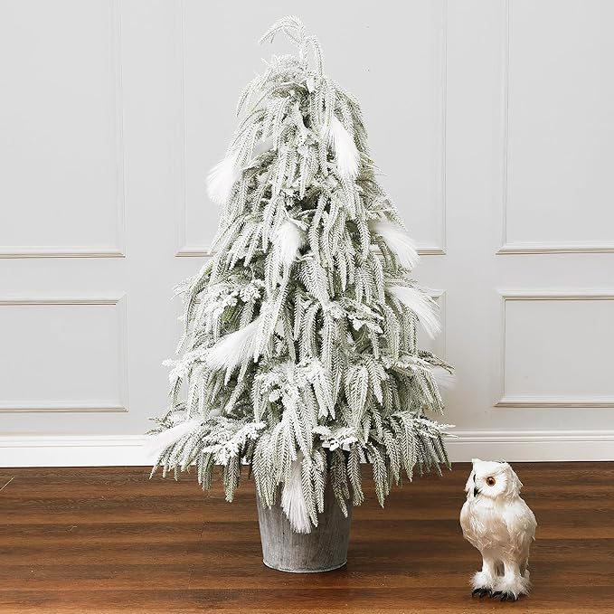 LuxenHome 4FT Unlit Flocked Christmas Tree, Small Potted Christmas Trees with Downswept Branches and Feather Accents, White Snowy Finish Stylish Faux Artificial Trees for Outdoors Holiday Decorations