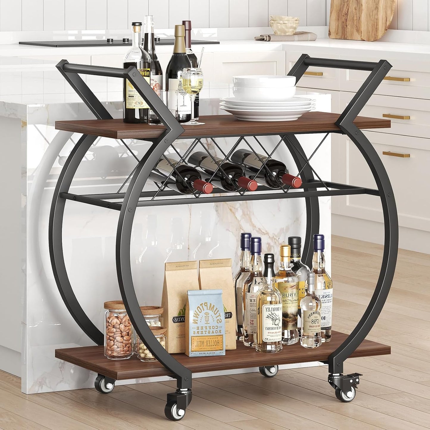 LVB Modern Gold Bar Cart, Industrial Rolling Serving Wine Cart with Wine Rack, Coffee Liquor Drink Cart with Storage and Wheels, Wood and Metal Kitchen Microwave Beverage Cart for Home, Walnut