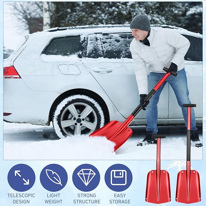 Gisafai 1 Pcs 34'' Detachable Emergency Snow Shovel for Car Aluminum Extendable Collapsible Snow Shovel Emergency Car Cleaning Equipment Suitable for Truck SUV Van Camp Outdoor (Red)