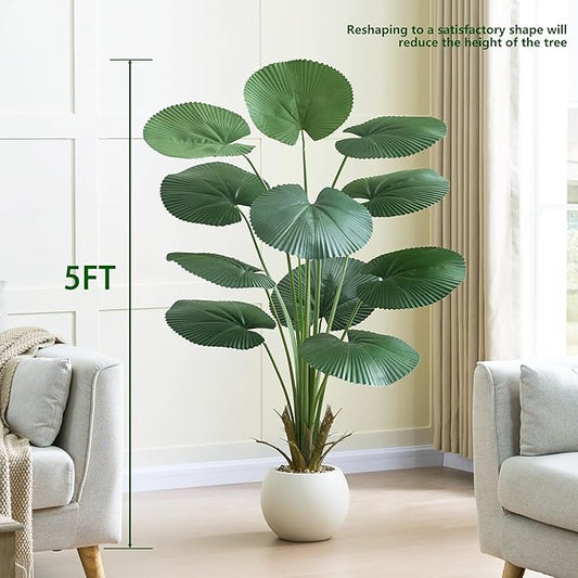 Artificial Fan Palm Tree 5FT Fake Tree Round Leaf Fake Palm Plant, Faux Tropical Areca Floor Plant with Planter, Artificial Silk Plants for Indoor Outdoor Home Office Bedroom Living Room Decor
