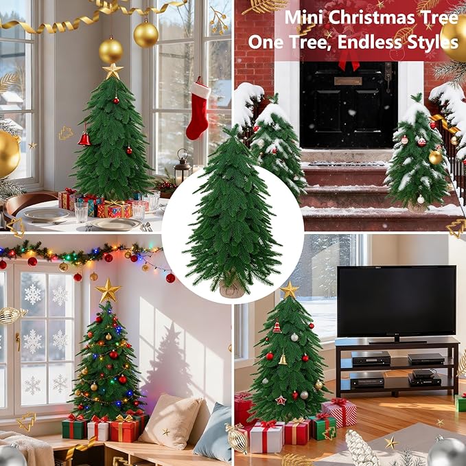 3ft Small Mini Christmas Tree for Tabletop, 1PC Artificial Desktop Christmas Tree with Norfolk Pine Top Design, Small Xmas Tree with Burlap Base for Table Desk Home Christmas Decor