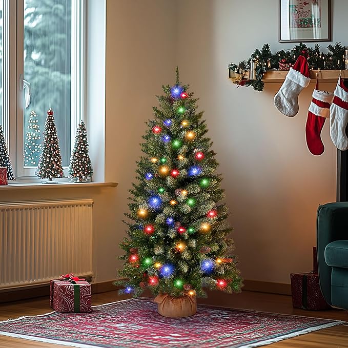 4FT Mini Christmas Tree,Tabletop Christmas Tree with Cloth Bag Base and Colorful LED Light Prelit Christmas Artificial with Pine Cones for Outdoor Indoor Porch Table Xmas