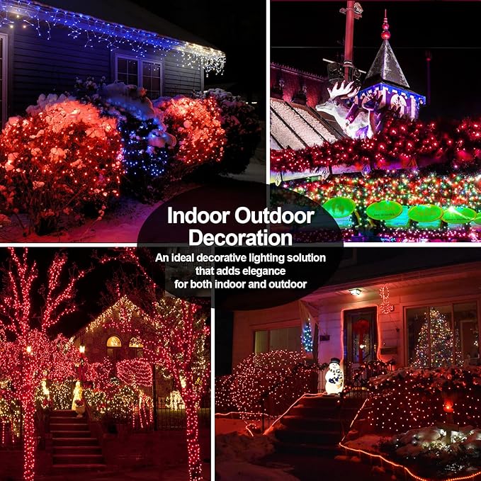 JXLEDAYY 200 FT 500 LED Christmas Lights Outdoor Fairy Lights Plug in Extra Long String Lights Clear Wire Waterproof 8 Modes Timer for Outside House Tree Garden Yard Wedding Party Decorations-Red