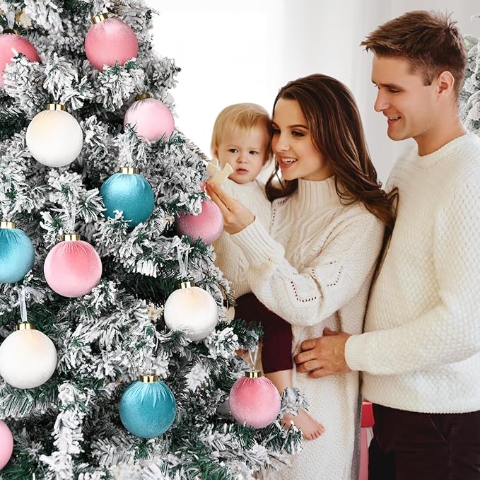 Velvet Christmas Ornaments Balls for Tree - 15pcs Pink & Teal Christmas Ornaments Shatterproof for Xmas Decorations - Multicolor Pink Teal Beige 80mm 3.15inch