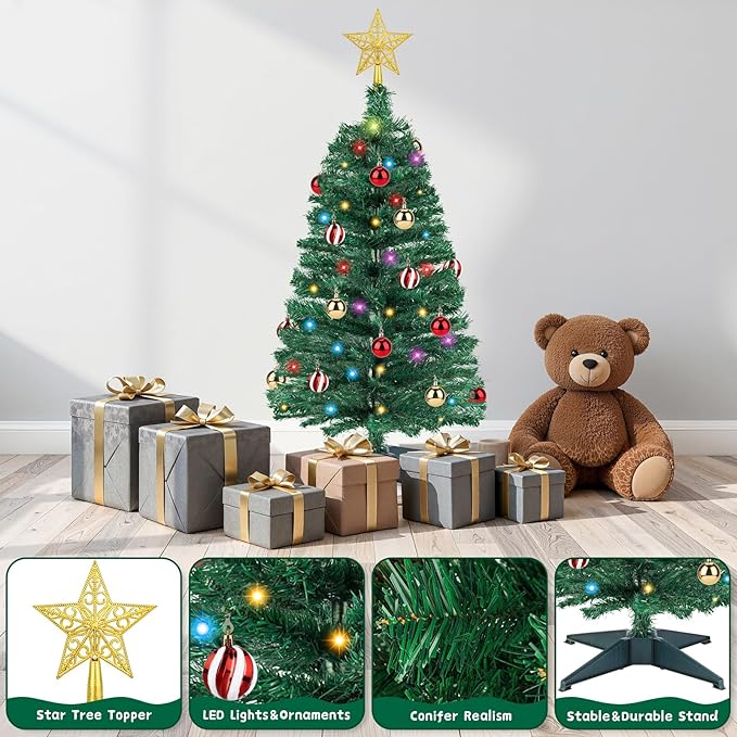 3 FT Small Christmas Tree with Lights, 12 Lighting Modes, Timer&Ornaments, Mini Fake Artificial Xmas Tree for Tabletop, Home, Office, Christmas Decoration Tree Decor