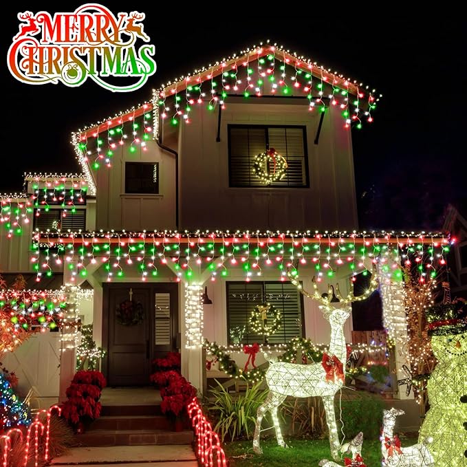 Christmas Lights, 49FT 480 LED Ice Lights for Outside House Clear Wire Twinkle Light with 8 Modes Timer Waterproof for Christmas Party Tree Holiday Patio Yard Home Decor(Red Green and Cool White)