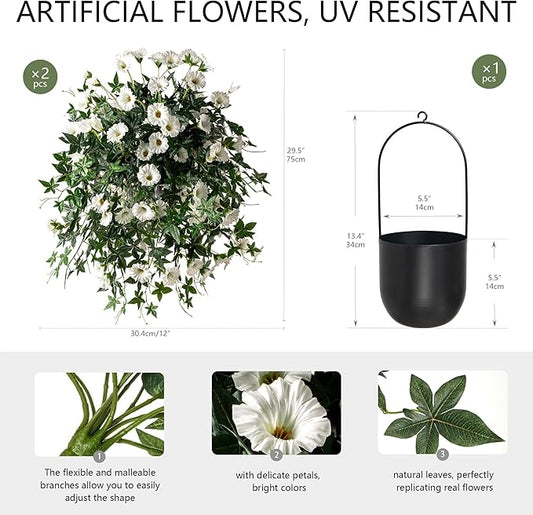 Artificial Flowers Artificial Petunias for Outdoors Artificial Hanging Plants Outdoors Silk Flowers with Stems Outdoor Flowers Uv Resistant for Porch Decor Terrace Decor(White) with Pot 2PCS