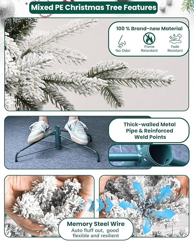 8FT Christmas Tree Prelit Flocked,Snow Frosted PE Tips Premium Artificial Xmas Tree,Foldable Metal Base, Holiday Decoration Warm White & Muticolor LED