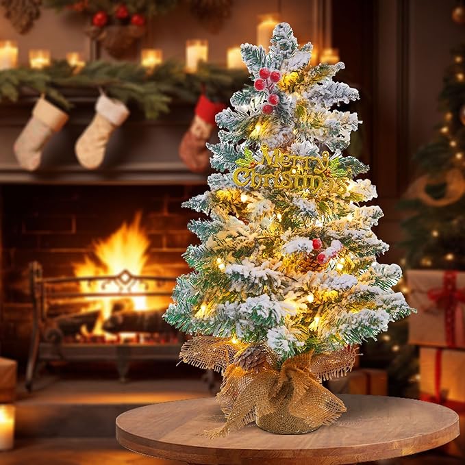 Small Mini Table top Flocked Christmas Tree with 50 LED Lights 24 Inch /2FT Little Prelit Christmas Tree Decorated Gift Boxes and Hanging Ornaments for DIY Christmas Decoration