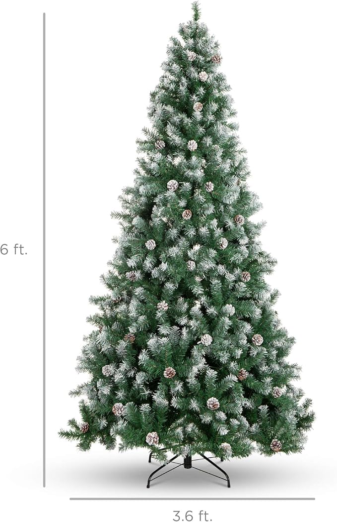 Best Choice Products 6ft Pre-Decorated Holiday Christmas Tree for Home, Office, Party Decoration w/ 1,000 PVC Branch Tips, Partially Flocked Design, Pine Cones, Metal Hinges & Base