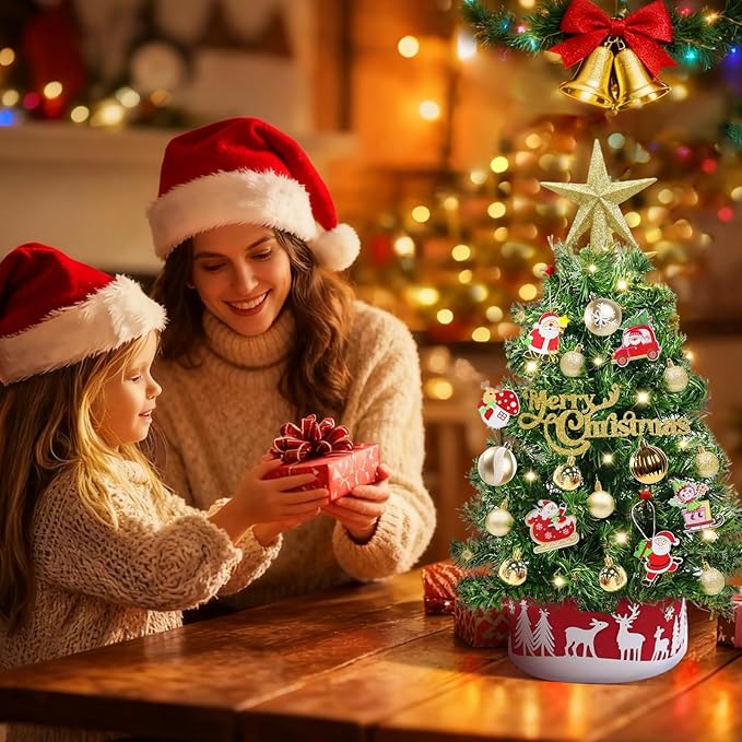 24" /2FT Mini Christmas Tree with Lights Timer 30 LEDs & 34 Ornaments, Small Tabletop Christmas Trees Artificial Christmas Decorations for Indoor Desk Room Office Home Decor Xmas