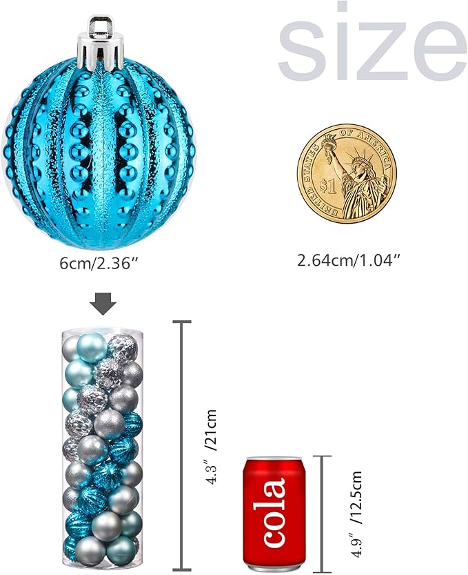 45Pcs 6cm/2.36inch Christmas Balls Glitter Ornaments Set, Shatterproof Plastic Xmas Tree Hanging Ornament, Christmas Decorations Balls for Holiday Festival Wedding House Bar Party(Blue/Silver)