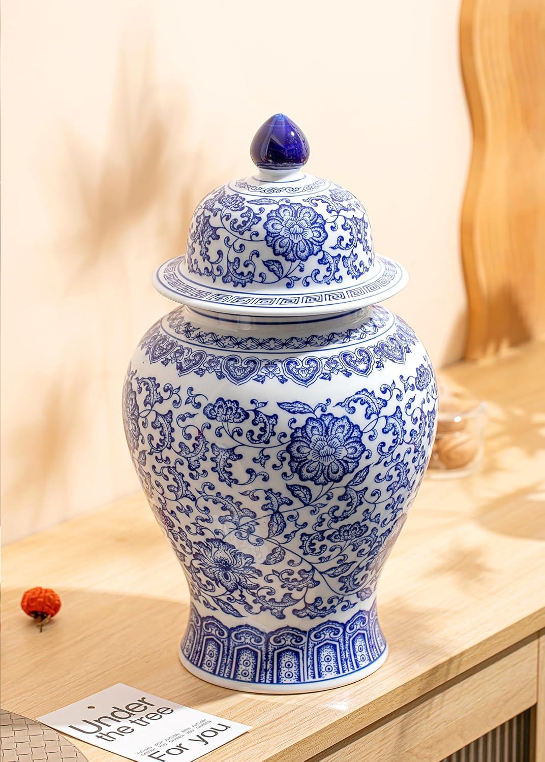 Blue and White Ginger Jar, Ceramic Chinoiserie Decorative Jars for Home, Office, Flower Vase Pocelain, Glossy Vase for Table, Living Room, Bookshelf, Mantle Fireplace, Centerpieces,15" H