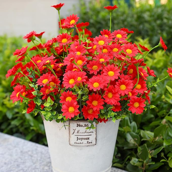 Burgundy Fake Flowers Outdoor 8 Bundles Red Artificial Daisy Plants Outside for Yard Front Porch Planter Decor (8 Bundles Red)