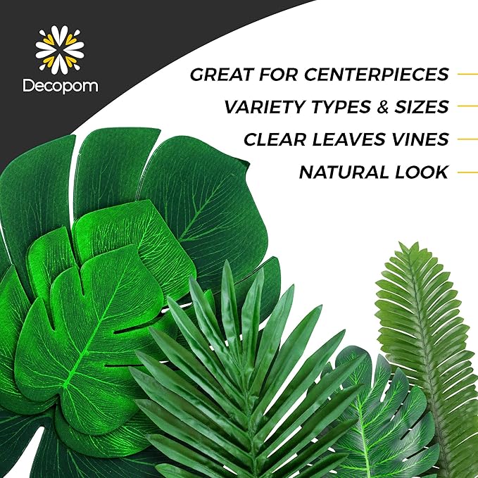 Decopom Palm Leaves Artificial Tropical Monstera-84Pcs 6 Kinds Large Small Green Fake Palm Leaf with Stems for Safari Jungle Hawaiian Luau Party Table Decoration Wedding Birthday Theme Party