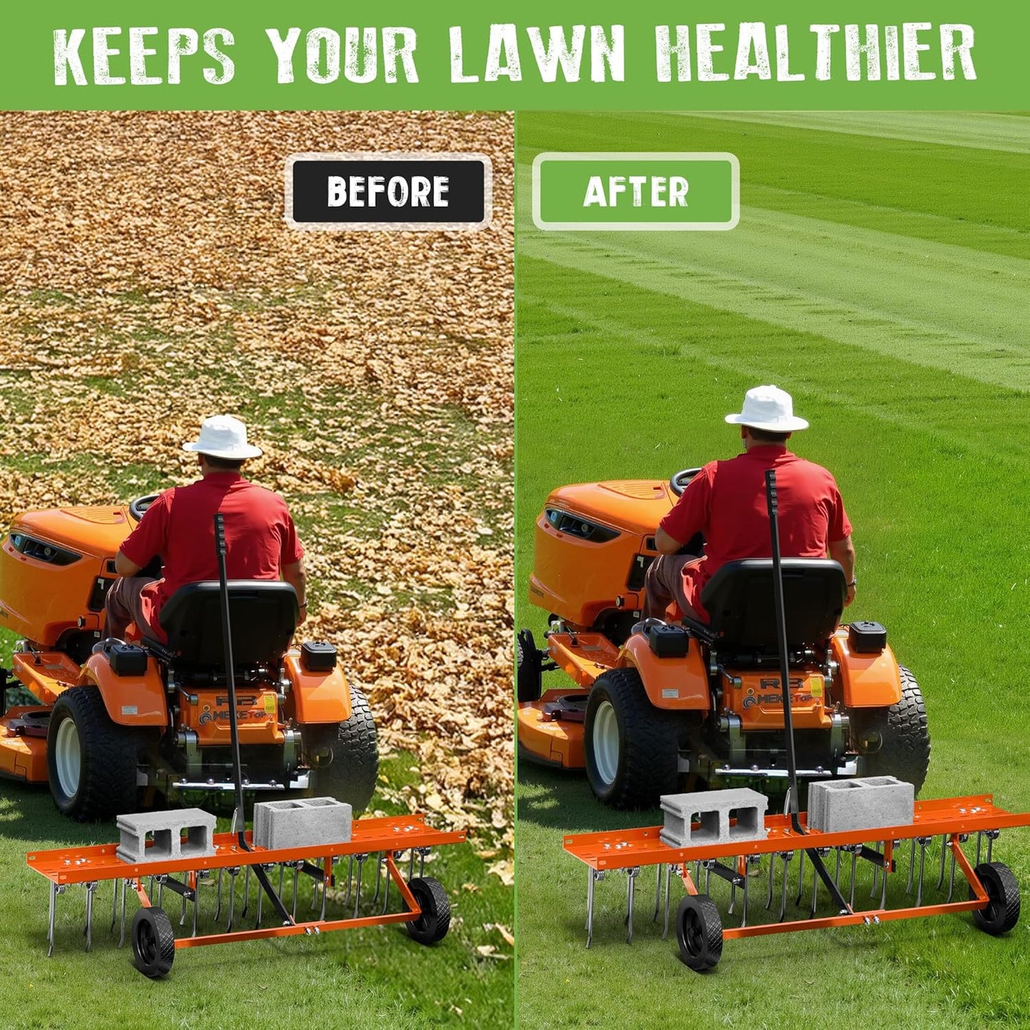 40" Tow-Behind Dethatcher with 20 Spring Steel Tines, Pull Behind Lawn Tractor Mower Grass Rake for Yard, Garden, and Farm Care – Removes Thatch, Leaves, and Pine Needles-Orange
