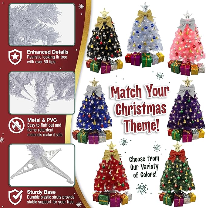 Small White Christmas Tree with Lights - 23 Inch Mini Tabletop Christmas Tree with Warm-White LED Lights, Hanging Ornaments, Decorative Bow and Gift Boxes - Table Tree for DIY Christmas Decoration