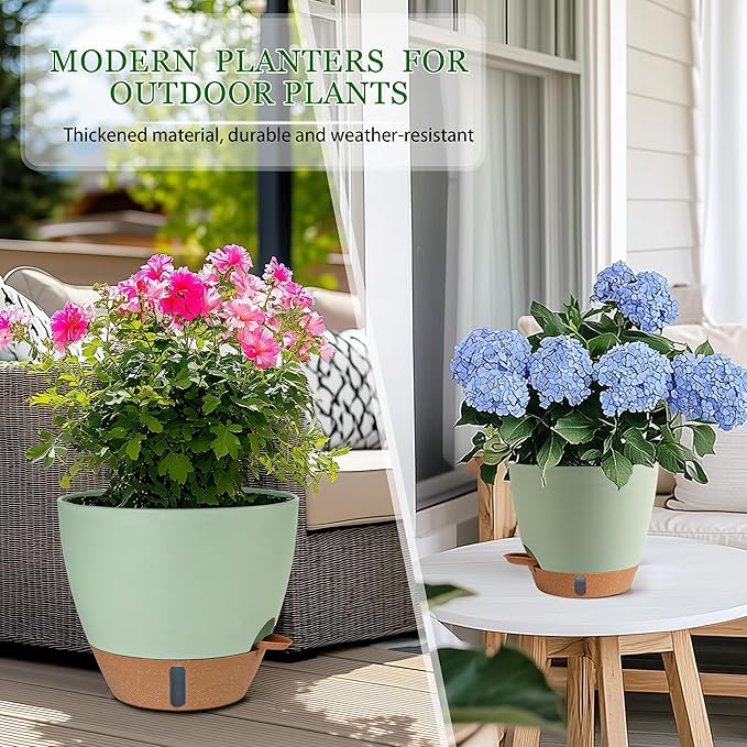 Self Watering Pots for Inoor Ourdoor Plants 10/9/8/7/6.5 Inch Plastic Planters with Drainage Holes & Water Level Indicator, Decorative House Flower Nursery Planting Pots with Saucers (Green)