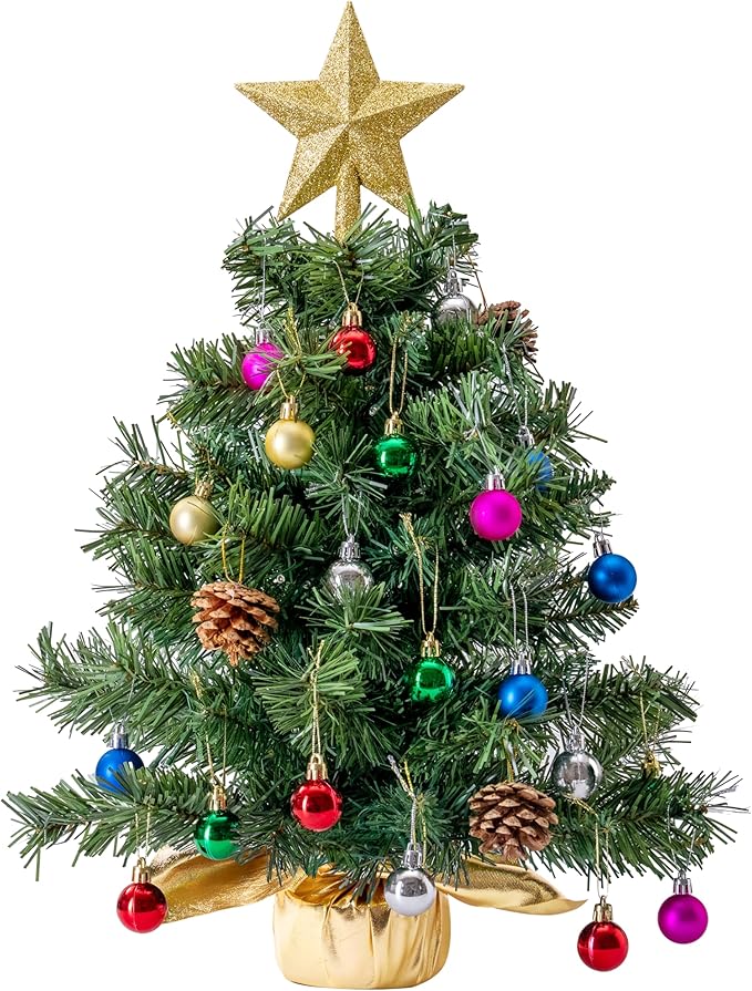 Joiedomi 24"/2FT Tabletop Mini Christmas Tree Pre lit with Warm Lights, Holly Berries, Pine Cones and Ornaments for Indoor Artificial Mini Xmas Tree Holiday Season Decorations (Gold)