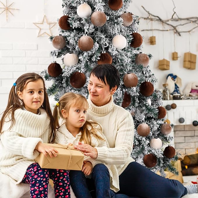 Brown Velvet Christmas Tree Ornaments - 15pcs Shatterproof Christmas Balls for Xmas Trees Decorations - Multicolor Brown Neutral Beige, 80mm 3.15inch