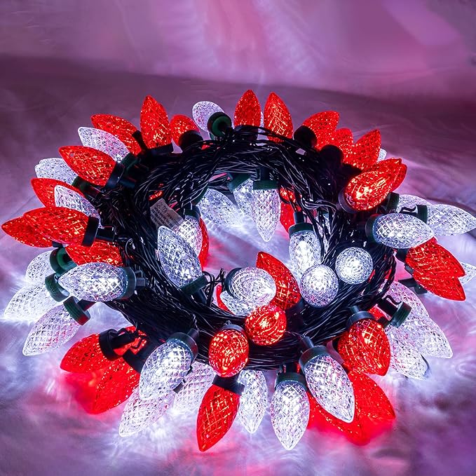 Dazzle Bright C9 Christmas String Lights, 100 LED 66 FT Waterproof Connectable Green Wire Fairy Lights, Christmas Lights for Indoor Outdoor Home Garden Yard Xmas Tree House Decorations (Red and White)