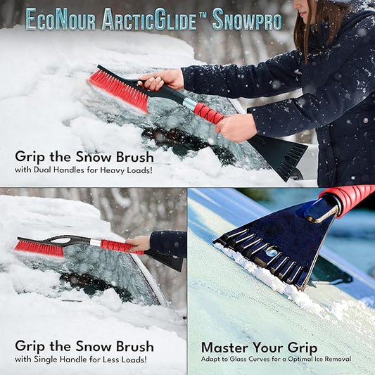 EcoNour 27" Aluminum Car Snow Scraper and Brush (Red) | Scratch-Free Weaved Bristle Head with Metal Body Ice Scraper for Car Windshield | Tough Ice Scraper with Ergonomic Foam Grip for Cars | 1 Pack
