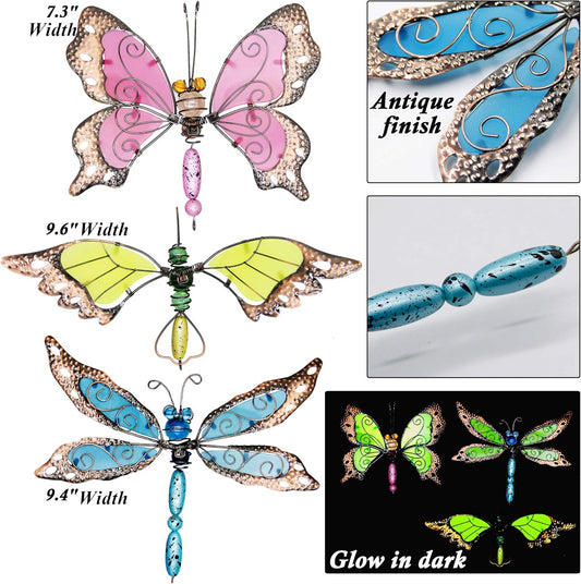 Juegoal 34 Inch Butterfly Garden Stakes Decor, Dragonfly Hummingbird Stakes, Glow in Dark Metal Yard Art for Mom, Mothers Day Ideal Gifts, Indoor Outdoor Lawn Pathway Patio Ornaments, Set of 3