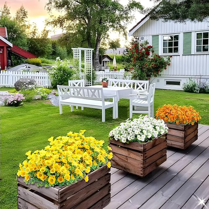 10pcs Outdoors Artificial Mum Flowers UV Resistant Daisy Fake Silk Chrysanthemum Greenery Faux Eucalyptus Plants for Spring Summer Garden Patio Window Box Planter Home Decor(Yellow)