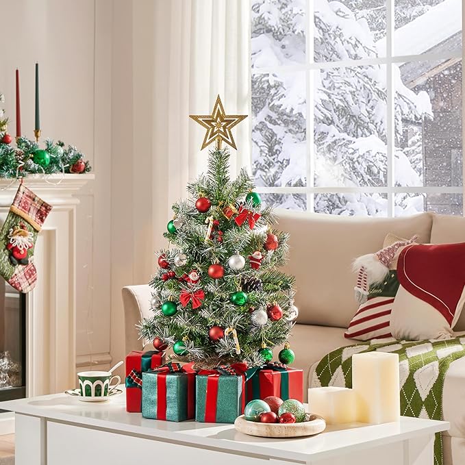 Yaheetech Set of 2 Pre-Lit Artificial Mini Christmas Tree, 2ft Frosted Tabletop Small Christmas Tree with LED Lights, Red Berries & Natural Pinecones for Holiday Decoration