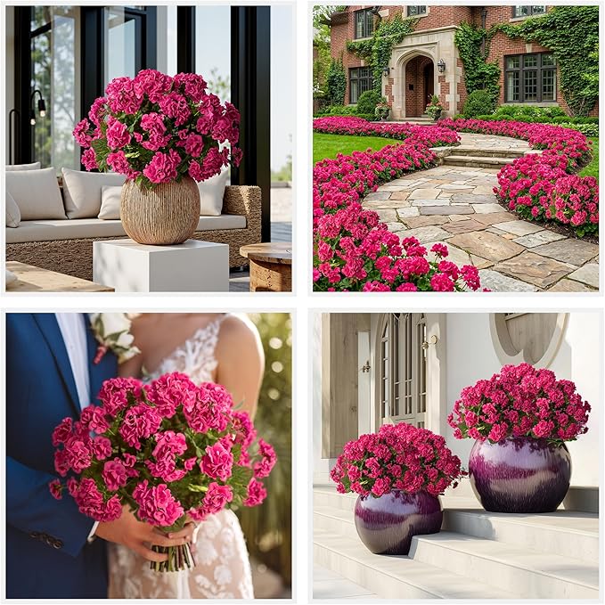 Artificial Geranium Flowers for Outdoors Geraniums Artificial Flowers Realistic Faux Geraniums for Outdoor Planters Silk Geranium Outdoor Fake Flowers Porch Home Kitchen Garden Decor(4PCS,Rose Red)