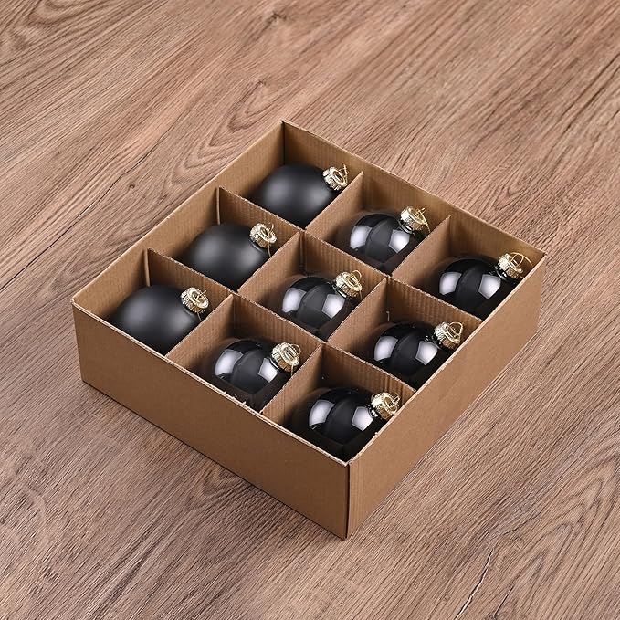 Black Glass Christmas Ball Ornaments for Xmas Trees, 3.15” Christmas Hanging Ornaments Set of 9 for Holiday Party Xmas Tree Decorations Gifts