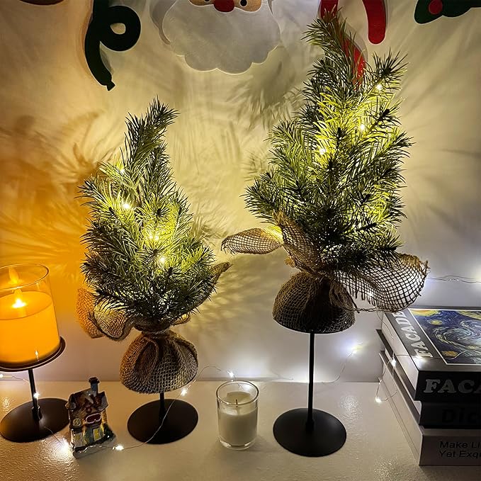 Set of 2 Mini Christmas Tree, 12 in Pre-lit Tabletop Xmas Decorations with 8 Warm LED Lights, Battery Operated with Timer, Burlap Base Artificial Pine Tree for Indoor Desk Office Dorm